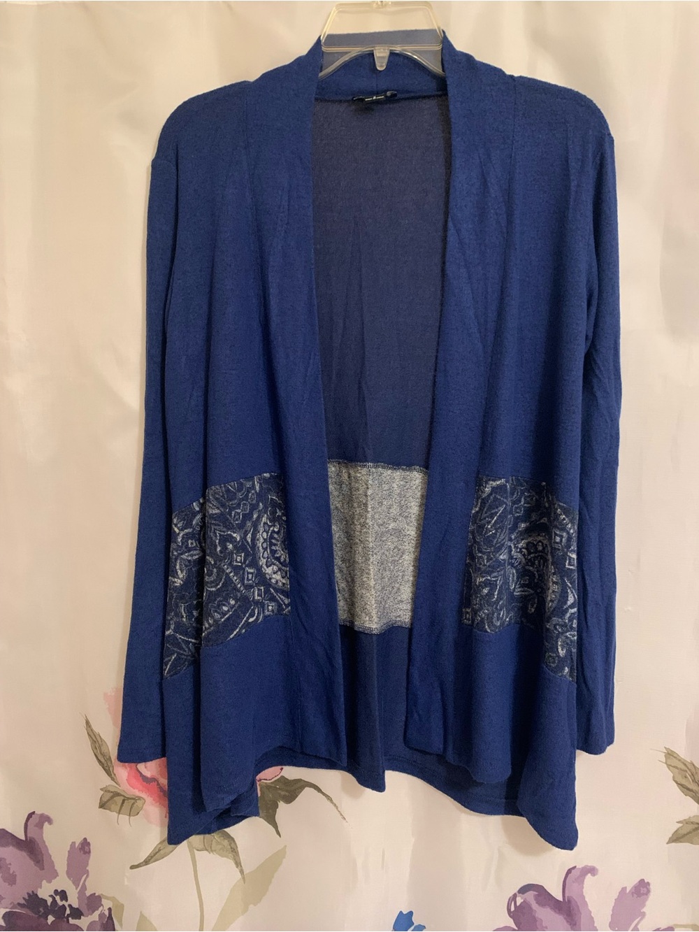 new directions Royal Blue Open-Front Cardigan with Patterned Panels